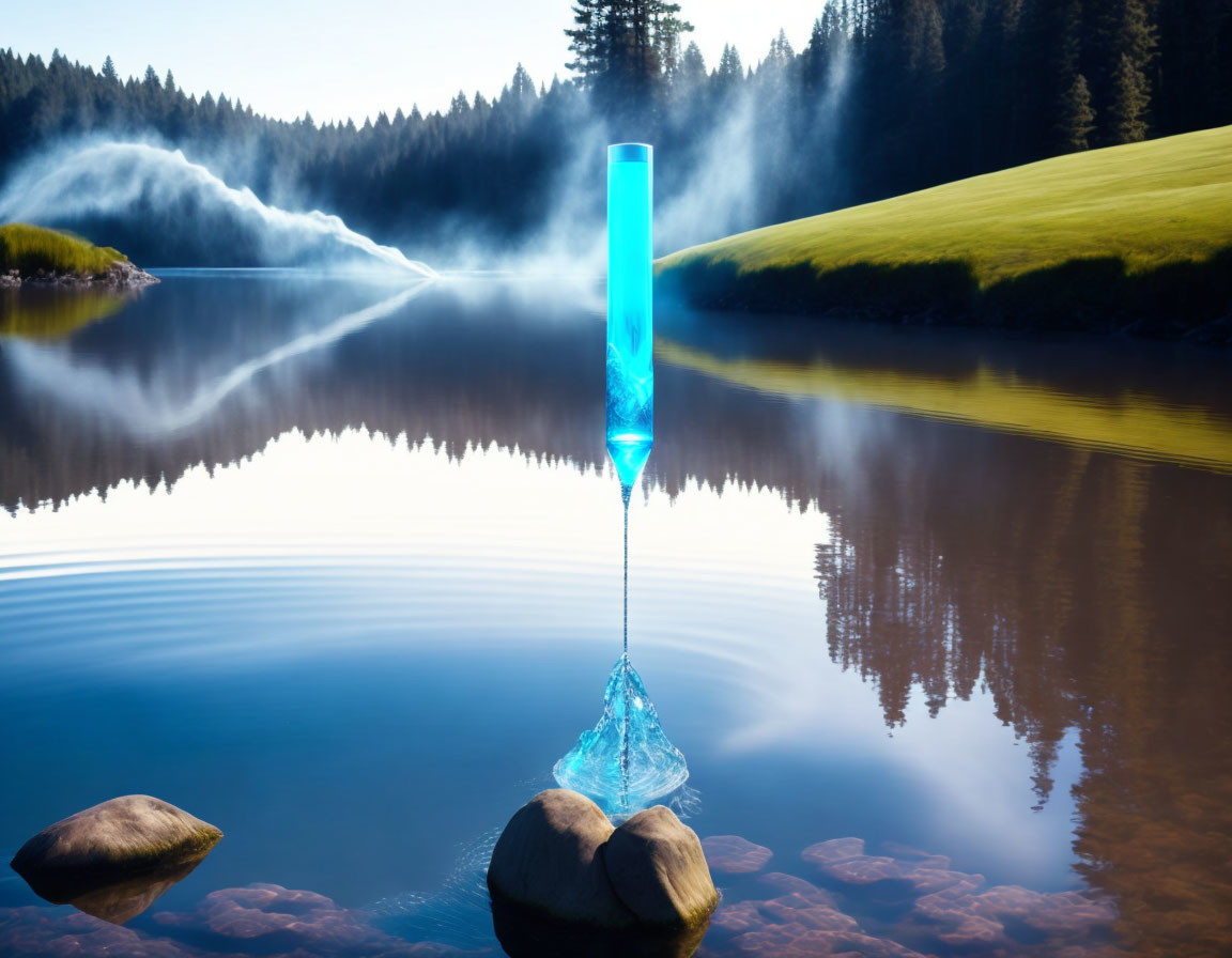 Tranquil lake scene with mist, trees, grass, and surreal blue crystal.