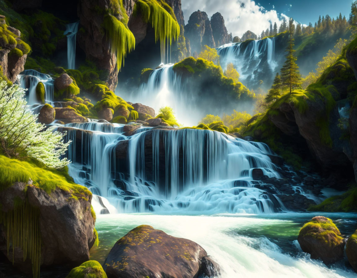 Tranquil Waterfalls in Lush Landscape & Soft Light