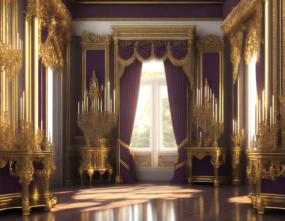 Luxurious Room with Golden Columns and Purple Drapes