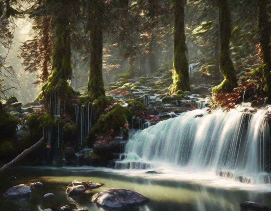 Serene woodland cascade under dappled sunlight