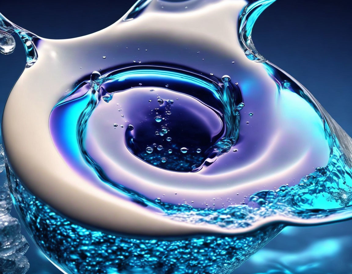 Swirling vortex of water with suspended droplets in creamy white and vibrant blue.