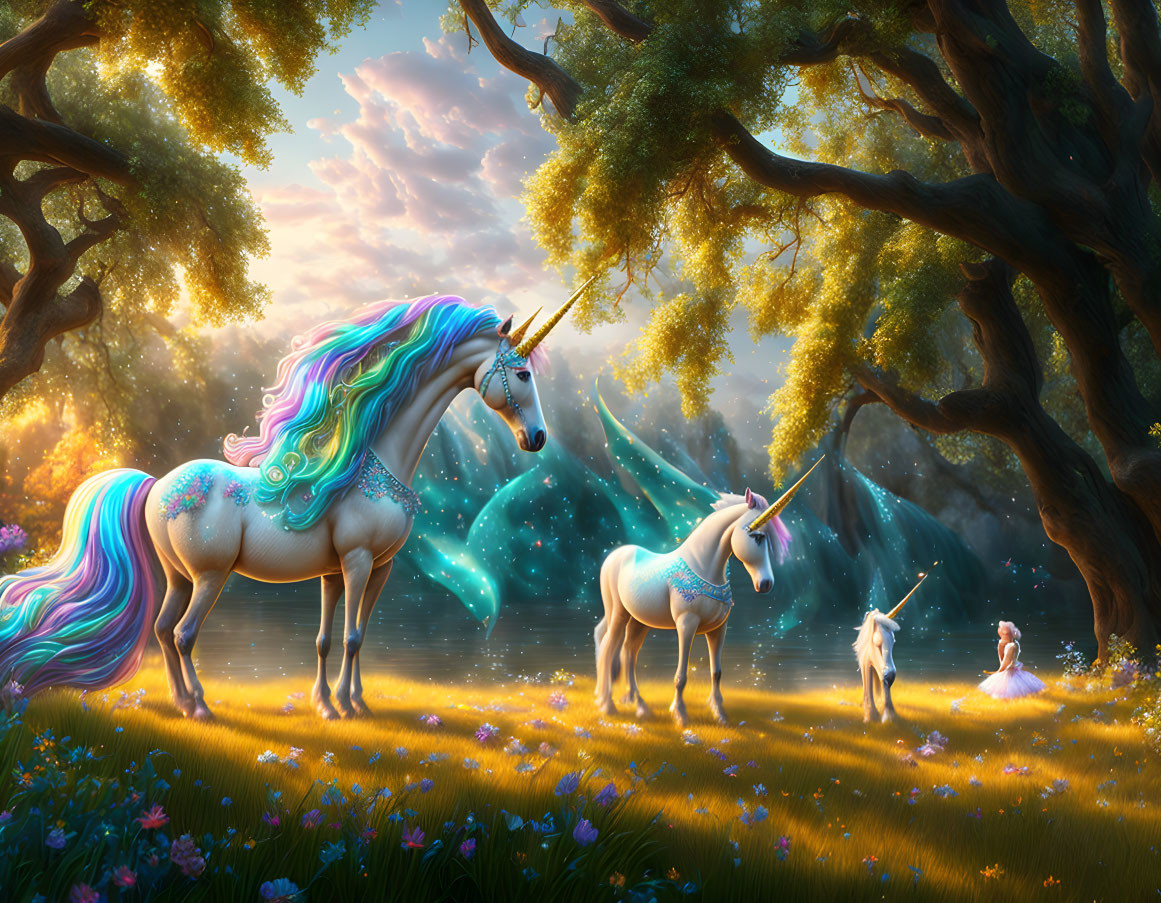 Magical forest clearing with unicorns, fairy, radiant trees, sparkling lights