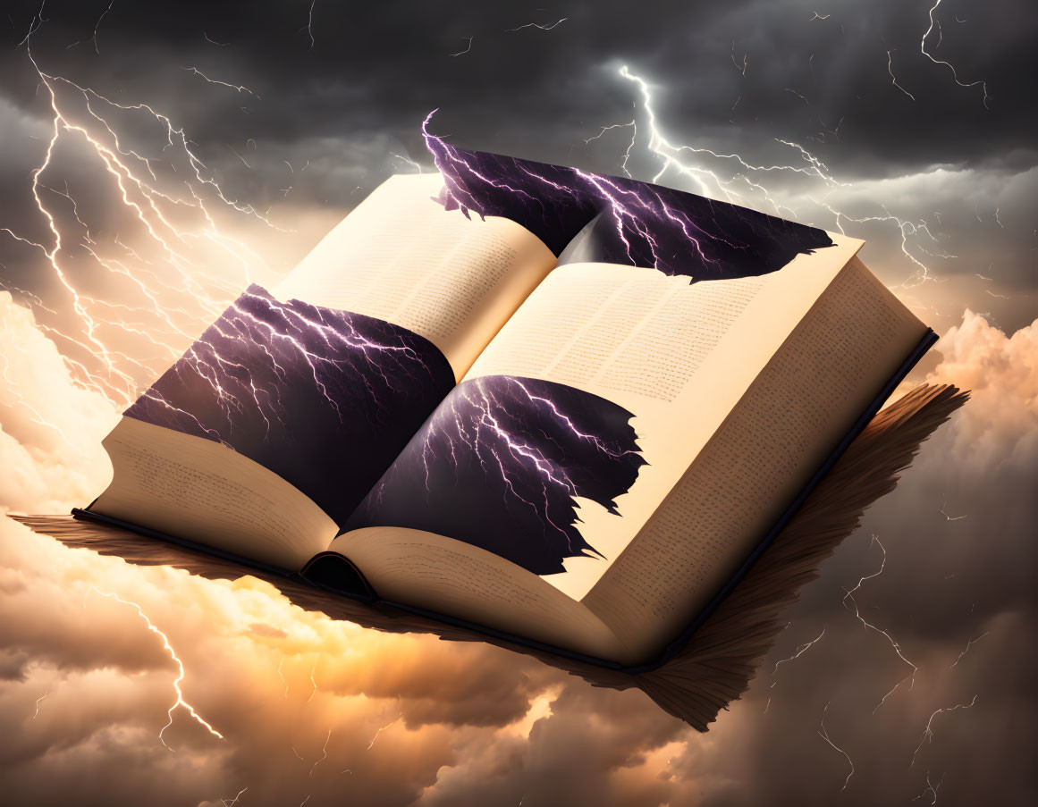 Open Book Transforms into Purple Mountains Under Stormy Sky