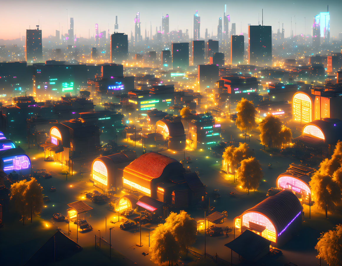 Vivid neon-lit futuristic cityscape at twilight with glowing buildings.