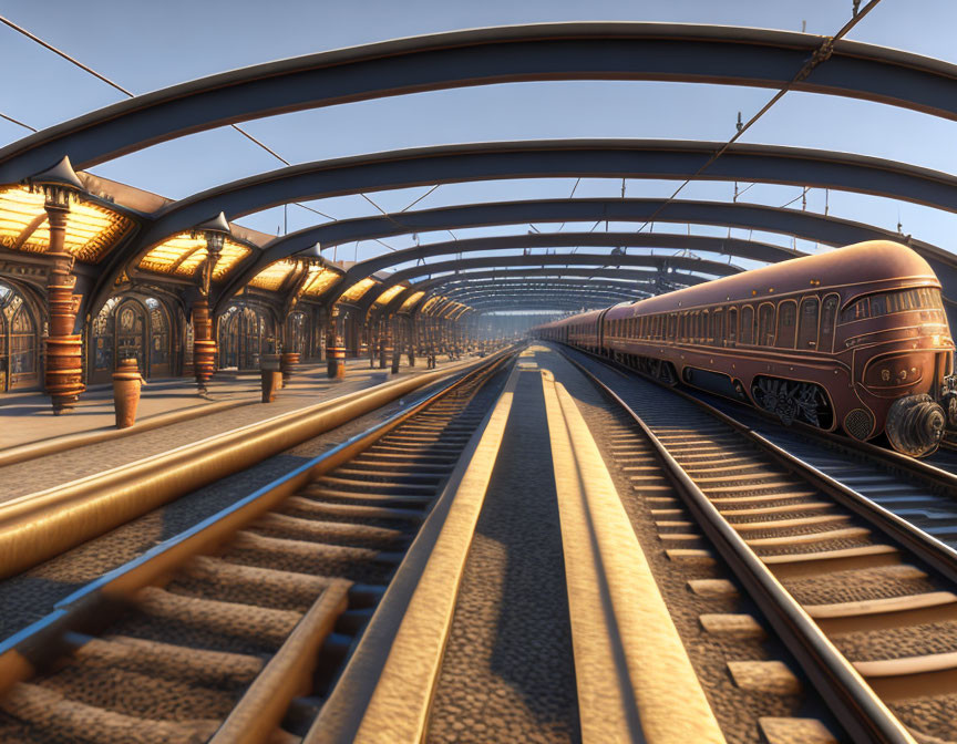 Vintage orange train at ornate station with glass roofs and columns.