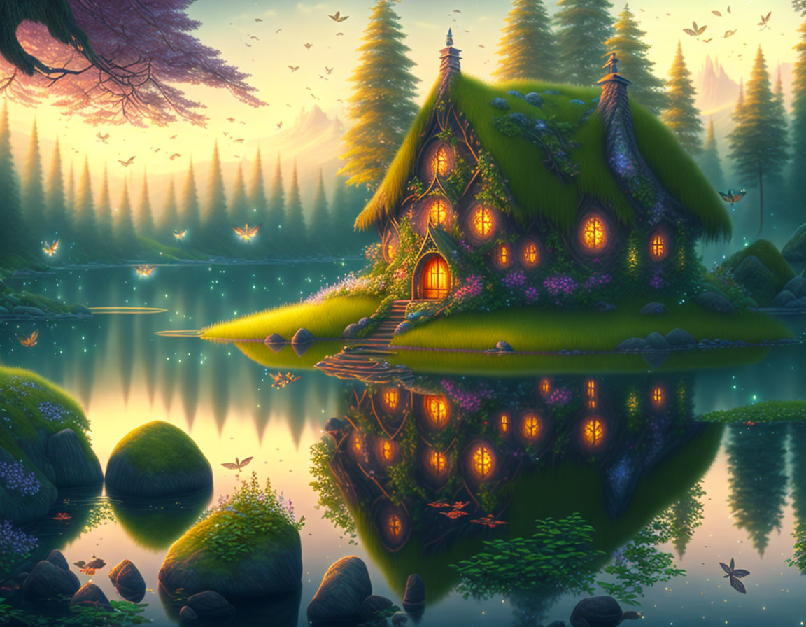 Charming fairy-tale cottage by tranquil lake at twilight