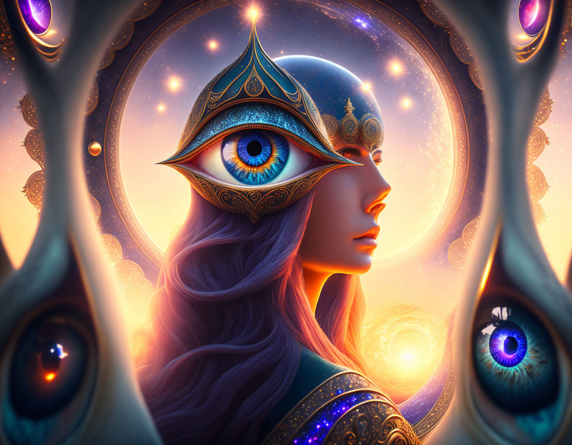 Mystic woman with eye motif helmet and celestial orbs in cosmic setting