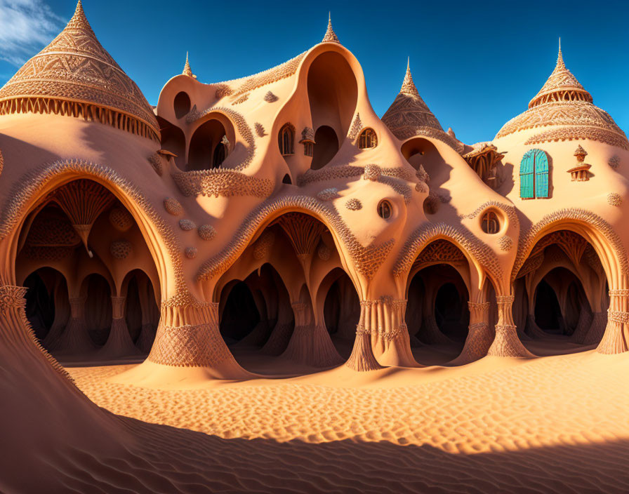 Detailed sandcastle-like structures with arches and towers on desert sand.