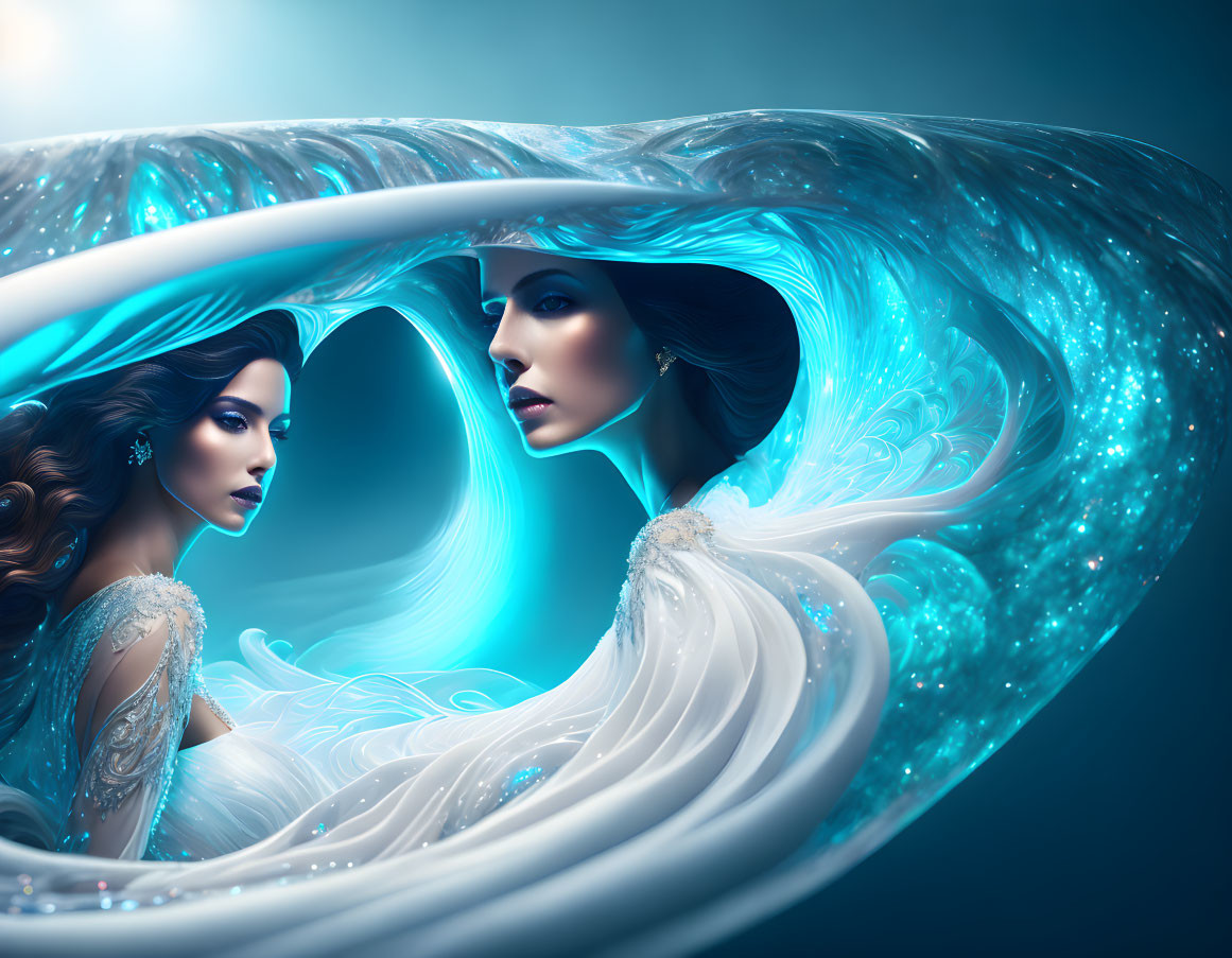 Two women with flowing hair and dresses merged with abstract blue wave in elegant scene