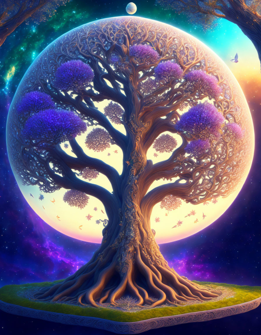 Majestic purple tree on floating island under starry sky