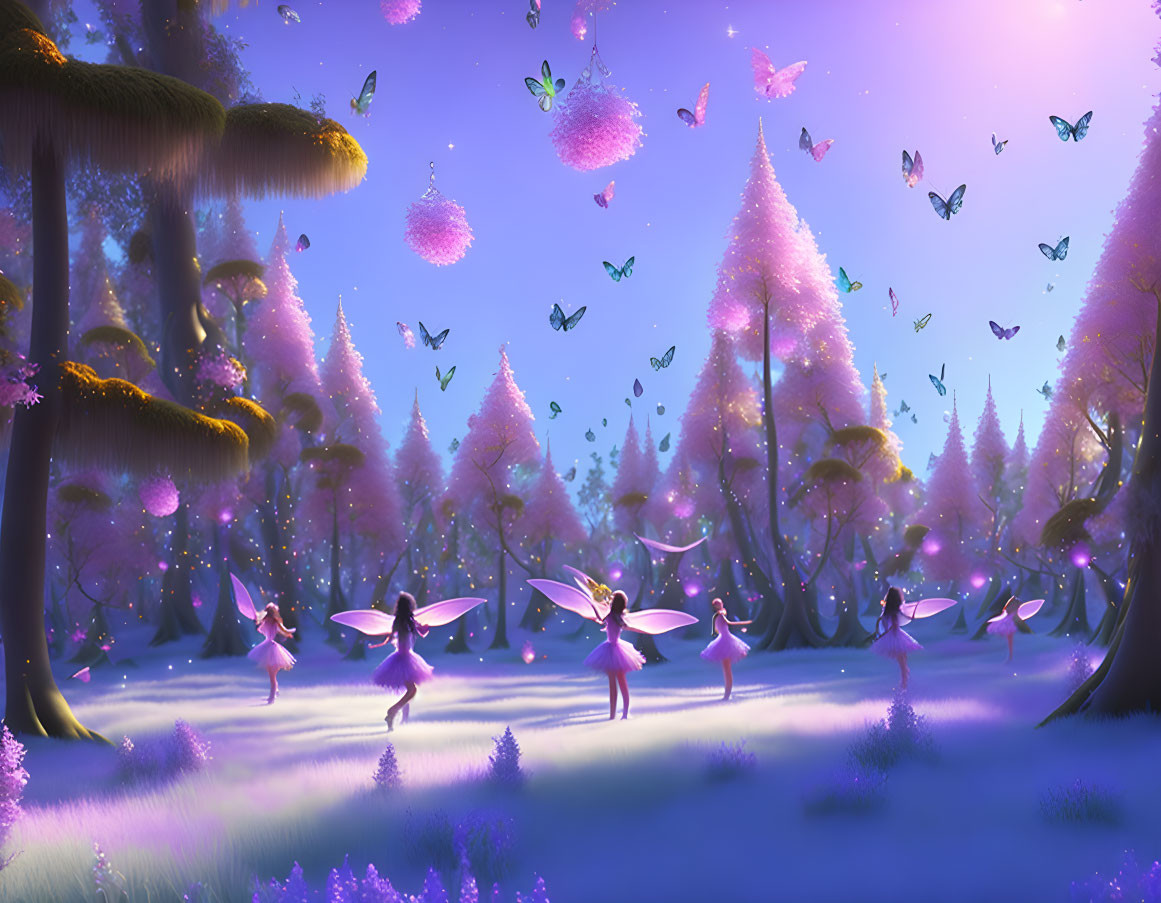 Enchanting forest scene with purple hues, fairies, butterflies, and luminescent trees