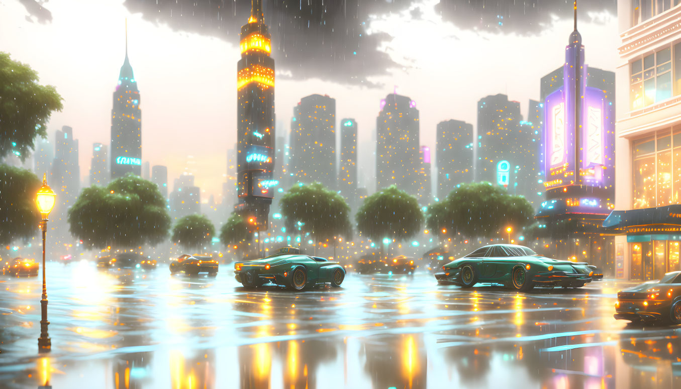 Futuristic rain-soaked cityscape with neon signs, illuminated buildings, and advanced cars at dusk