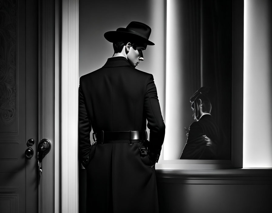 Silhouetted man in trench coat and fedora by open door with mirror reflection