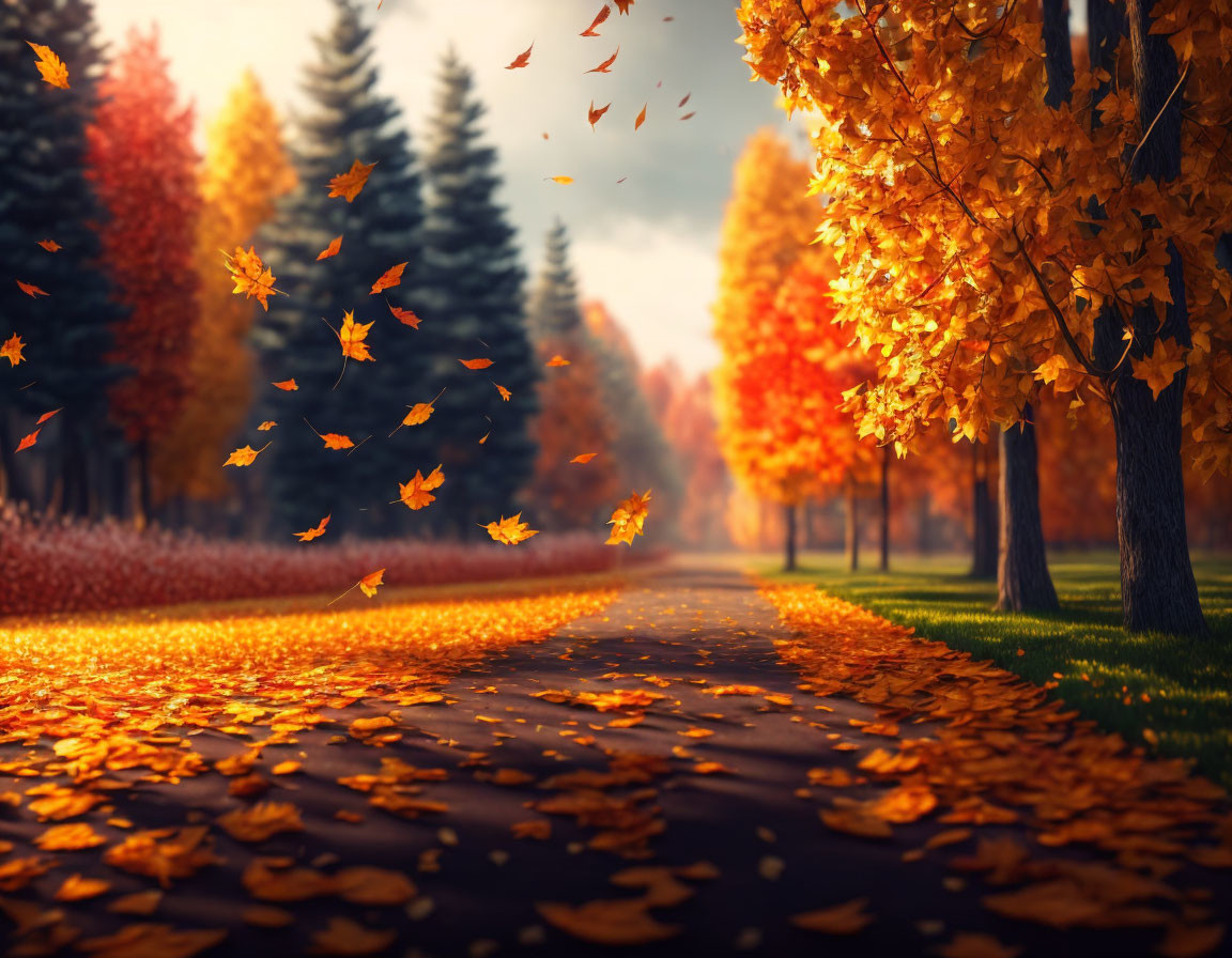 Tranquil autumn pathway with red and orange leaves under soft sunlight