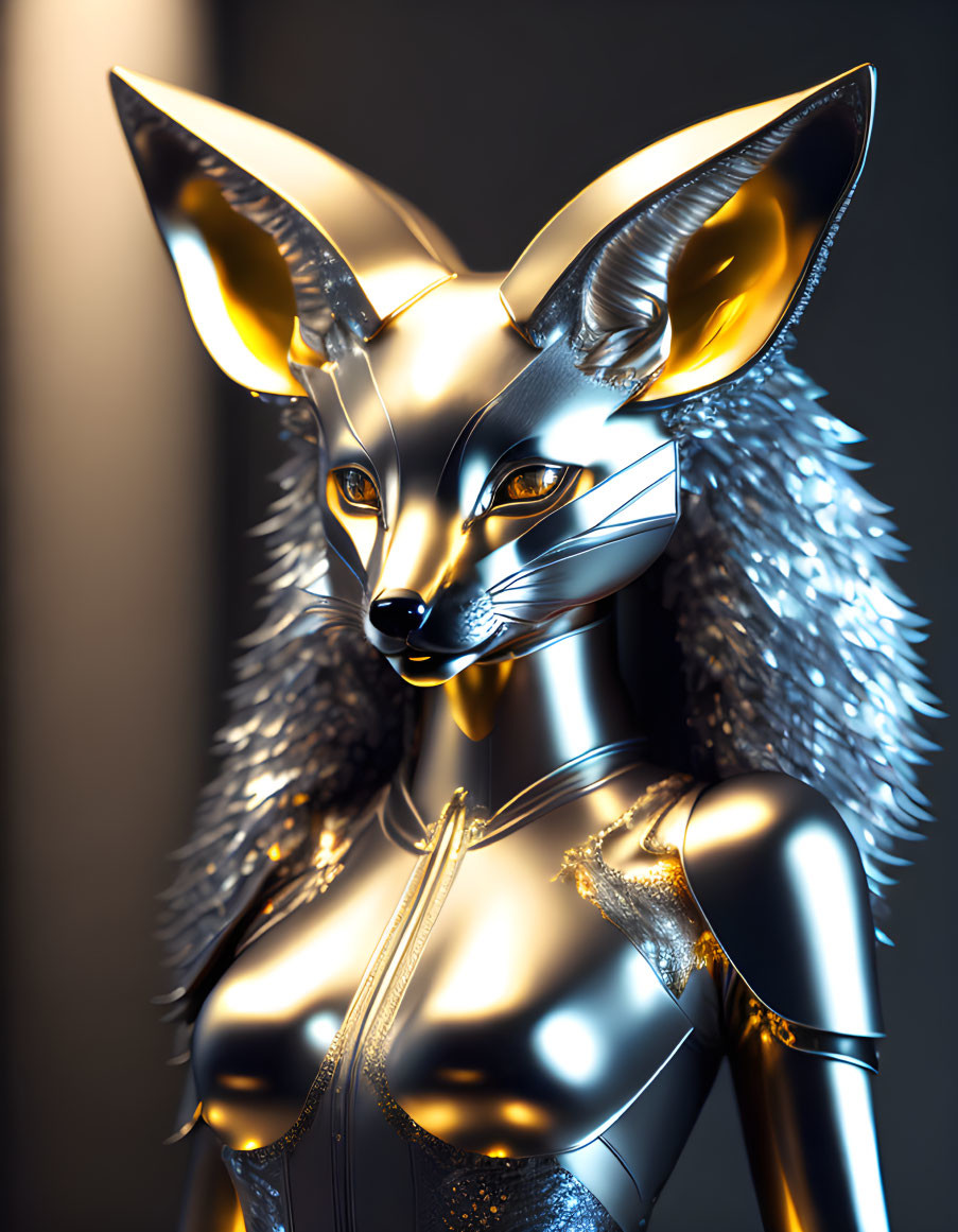 Metallic anthropomorphic fox with luminous eyes and intricate patterns on sleek body