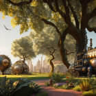 Steampunk-style train in lush park with city skyline