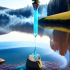 Tranquil lake scene with mist, trees, grass, and surreal blue crystal.