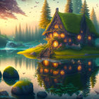 Charming fairy-tale cottage by tranquil lake at twilight