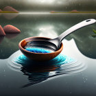 Wooden spoon holding blue water with ripples, truffle-like items, and moss in rain reflection