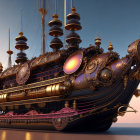 Steampunk ship with brass details and purple windows in sunset sky