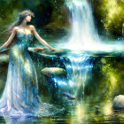 Fantastical illustration of woman with crown by lush waterfall