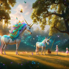 Magical forest clearing with unicorns, fairy, radiant trees, sparkling lights