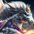 Intricate white and blue dragon with golden details and glowing eyes in stormy sky