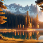 Vibrant autumn forest scene with misty lake reflection