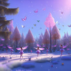 Enchanting forest scene with purple hues, fairies, butterflies, and luminescent trees