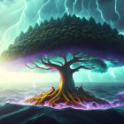 Giant tree with lush canopy floats on stormy ocean with vibrant roots in lightning-filled sky