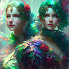 Blue-haired elven characters with gold jewelry in magical forest.