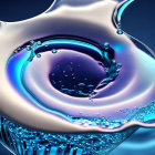 Swirling vortex of water with suspended droplets in creamy white and vibrant blue.