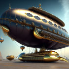 Steampunk-style airship with golden embellishments in desert landscape