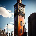 Steampunk-inspired clock tower with multiple faces against blue sky