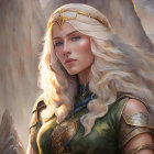 Blonde Elf with Gold Crown and Armor in Mountainous Scene