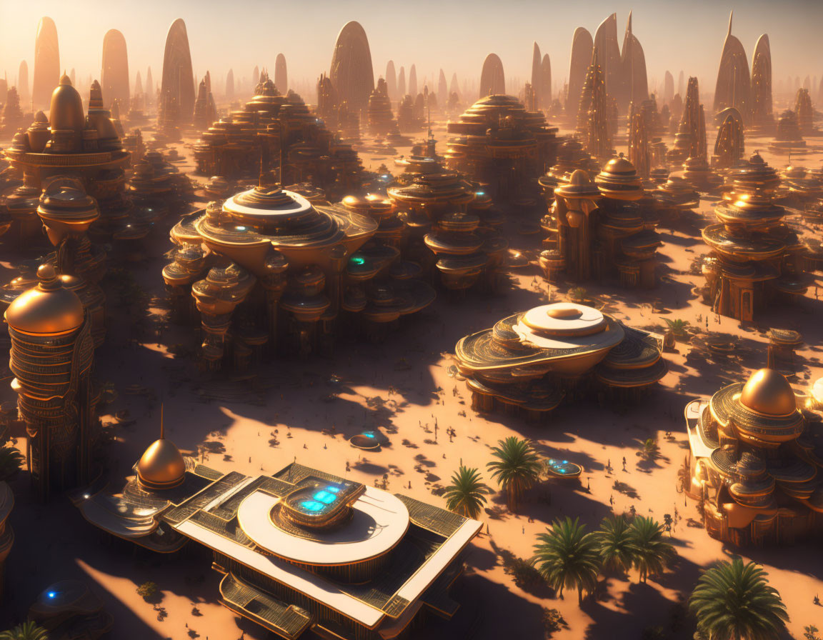 Futuristic desert city with dome-shaped buildings and towering spires