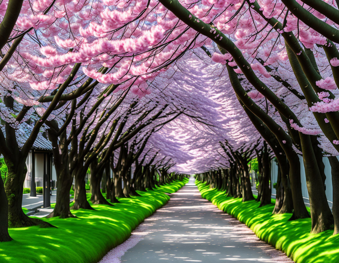 Tranquil Pathway with Blooming Cherry Blossom Trees