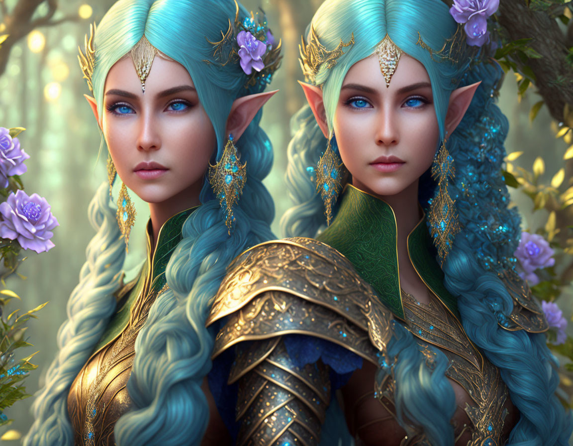 Blue-haired elven characters with gold jewelry in magical forest.