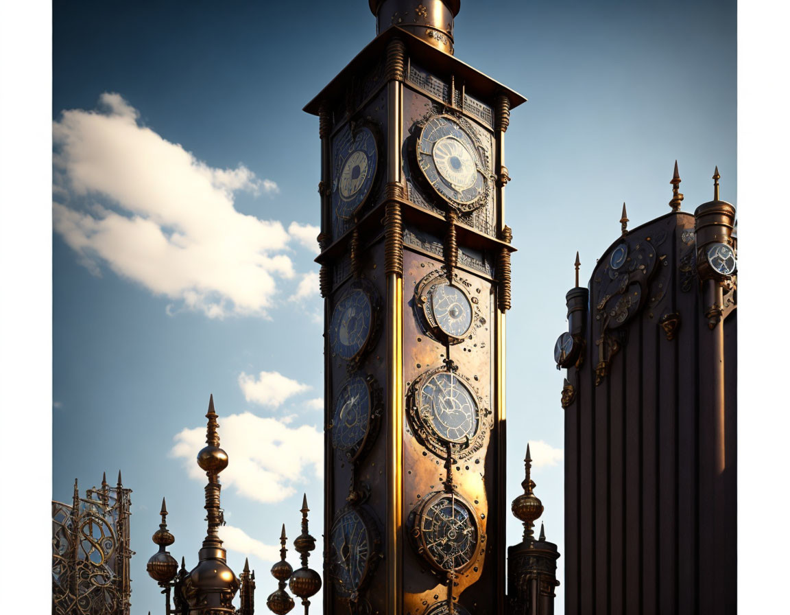 Steampunk-inspired clock tower with multiple faces against blue sky