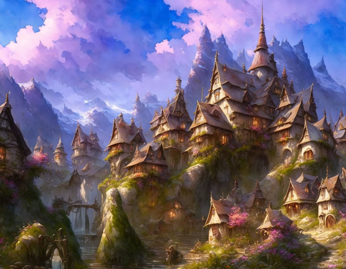 Charming fantasy village nestled in mountains