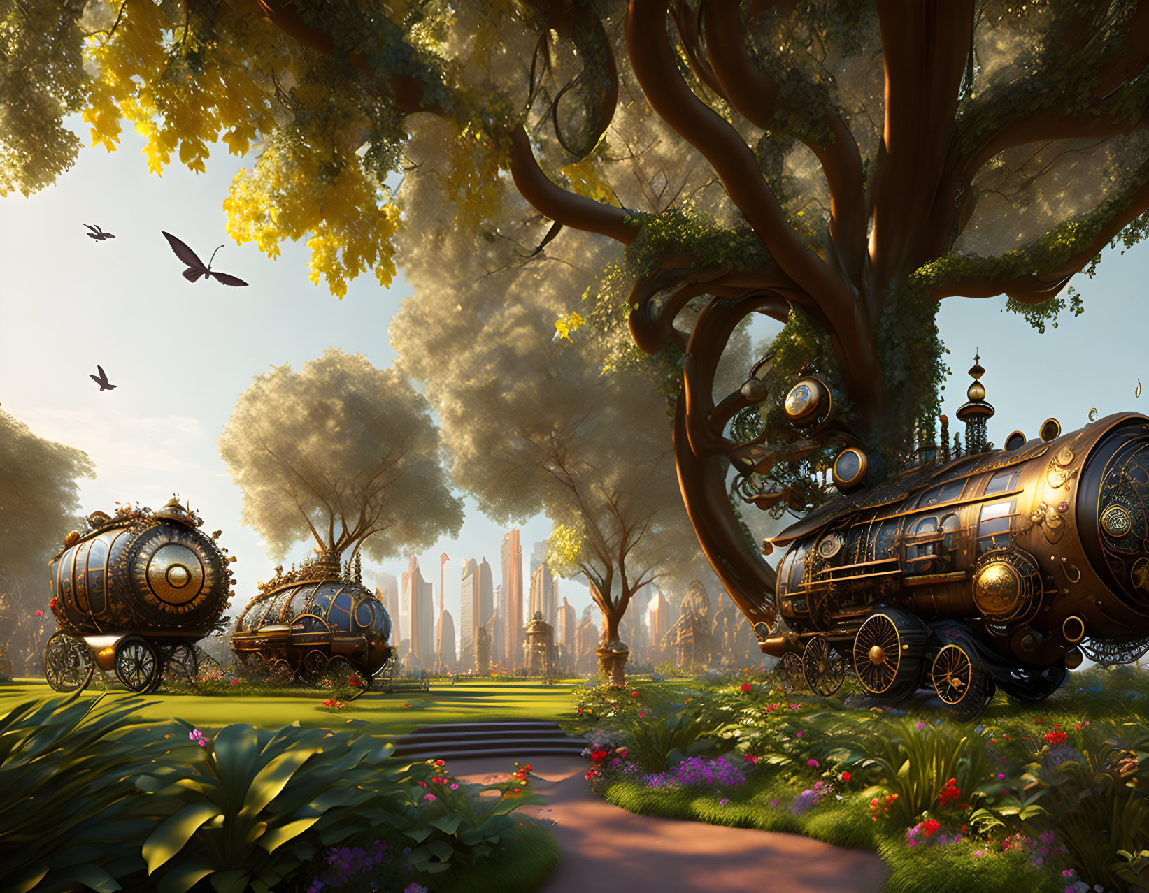 Steampunk-style train in lush park with city skyline