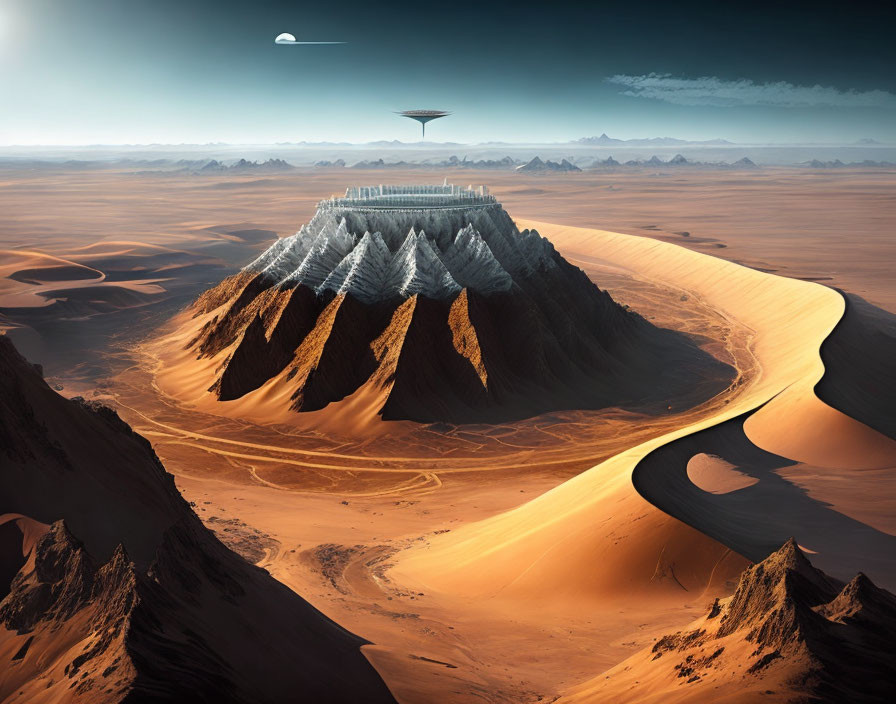 Futuristic desert landscape with mountain city and flying saucers