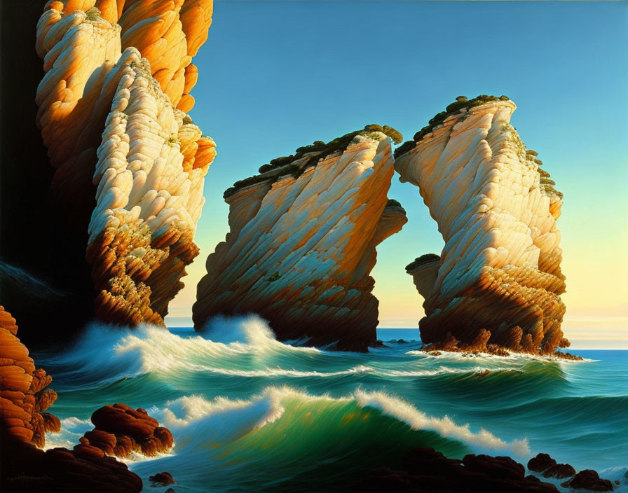 Scenic painting: rocky sea stacks with greenery, crashing waves, clear sky