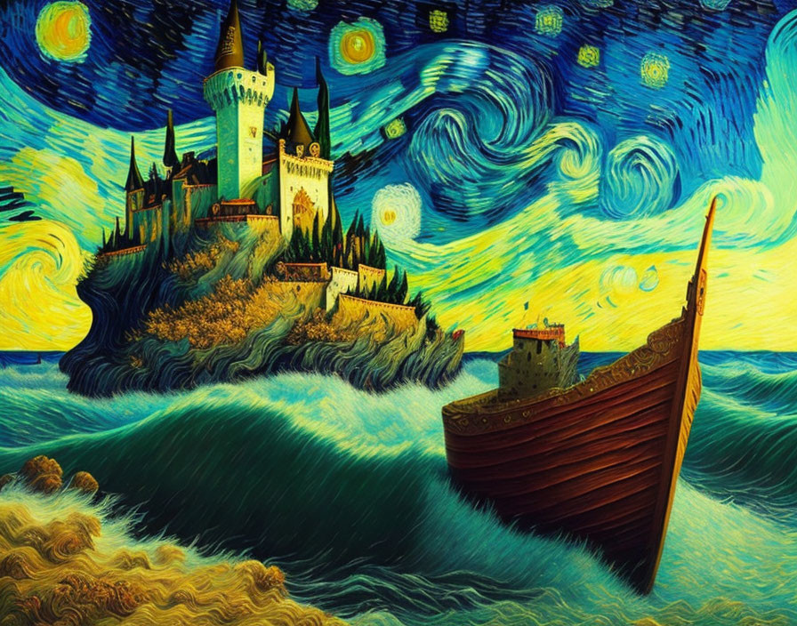 Starry night painting of castle on cliff with ship at sea