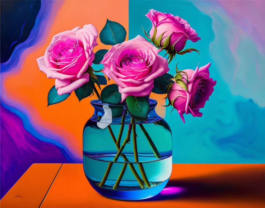 Colorful Painting of Pink Roses in Blue Vase with Orange and Blue Background