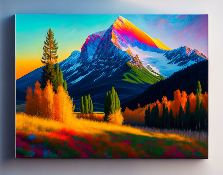 Colorful Mountain Range Landscape Painting on Canvas with Autumn Trees and Swirled Sky