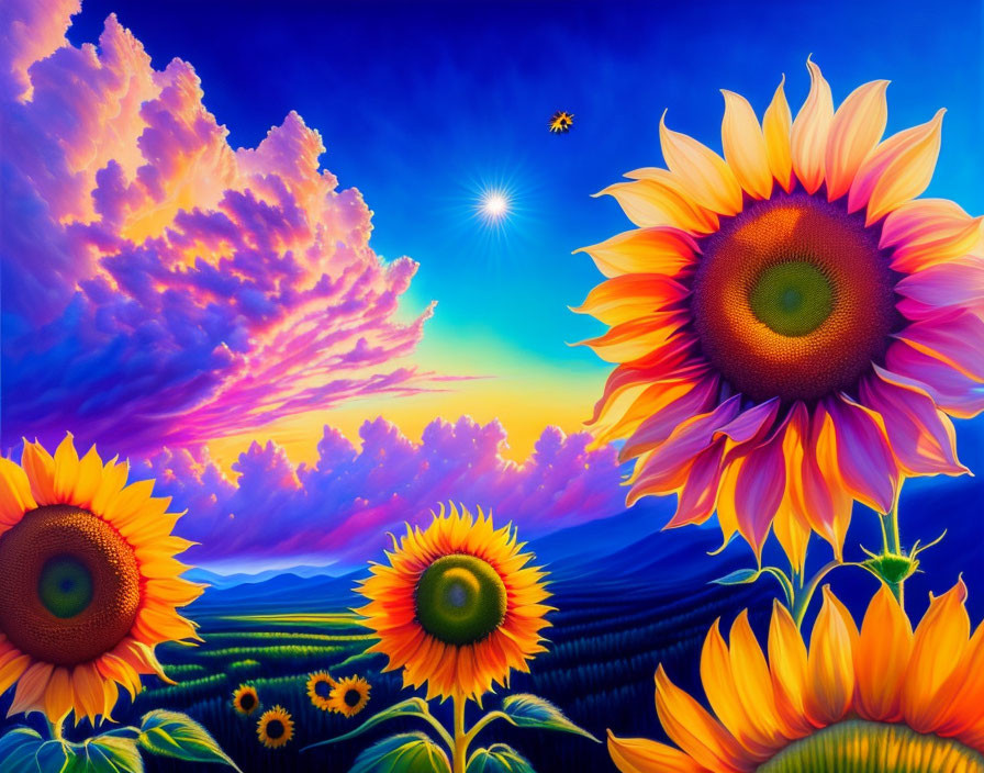 Colorful sunflower painting with dramatic sky and lone bee.