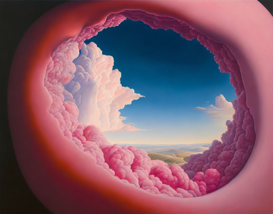 Surreal painting of circular pink cloud frame opening to majestic white clouds above hilly landscape