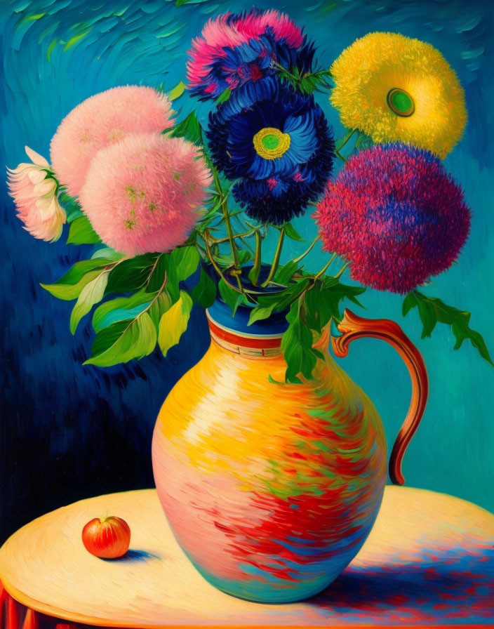 Colorful Fluffy Flowers and Fruit in Vase Painting