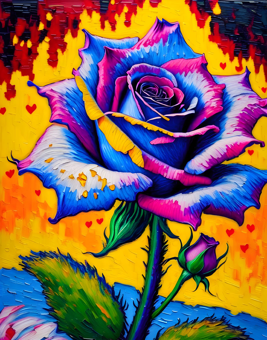 Colorful mural featuring stylized blue and purple rose on yellow background